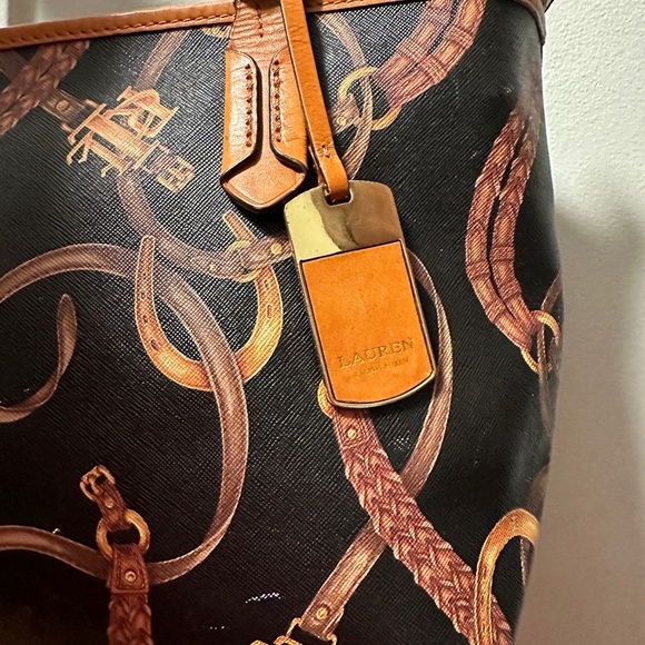 Ralph Lauren Black/Brown Equestrian Print PVC And Leather Shopper Tote - Picture 3 of 8